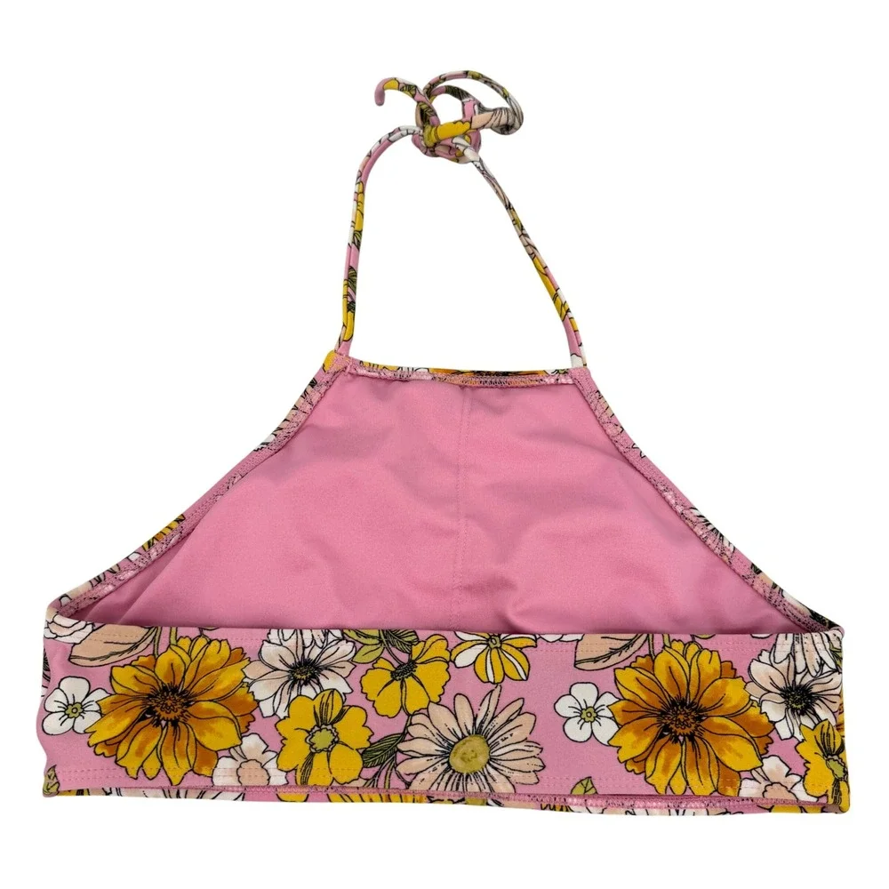 High Neck Halter Bikini Top Women M Pink Yellow Floral Retro Excellent Beach